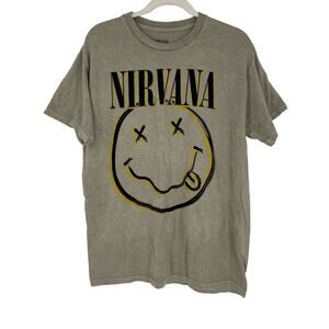 Officially Licensed Nirvana Nevermind Smiley Grunge Tee Beige Acid Wash Large